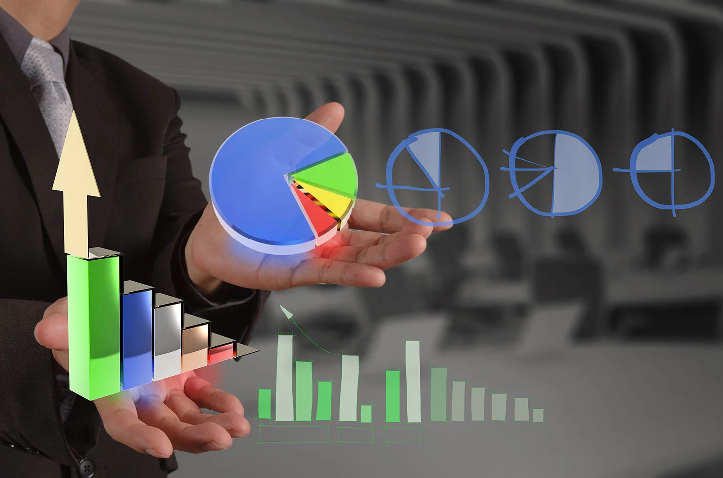 Businessman presenting 3D graphs and pie charts in modern office, symbolizing data analysis and business growth