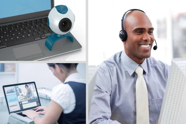 Collage showing online training setup with webcam, customer service representative, and woman attending webinar