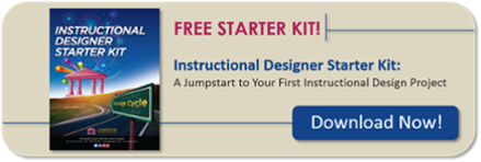 Banner promoting free Instructional Designer Starter Kit with book cover image and download button for first instructional design project
