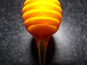 Close-up of honey dripping from a honey dipper