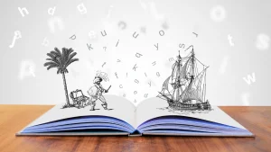 Illustrated open book with flying letters and drawings of a ship and pirate with treasure chest, symbolizing storytelling and imagination