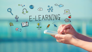 Person using smartphone with digital icons and text 'E-LEARNING' floating above, illustrating online education and digital learning