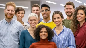 Diverse and happy team of coworkers posing for group photo in bright office