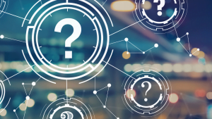 Abstract technology background with interconnected digital question marks and data network visualization