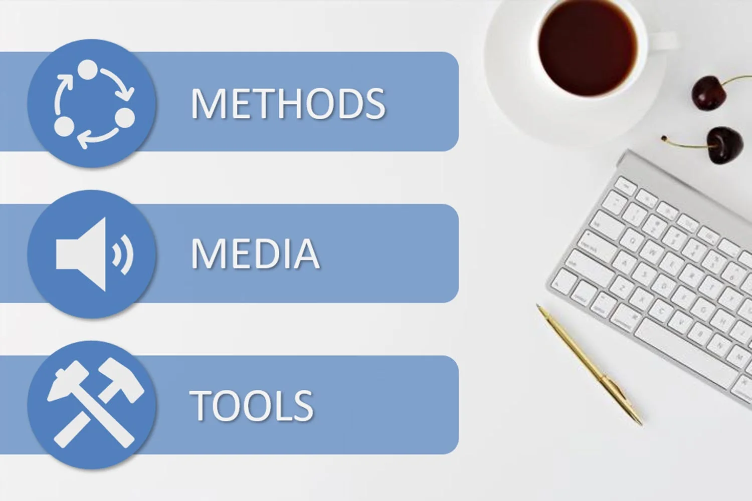 Flat lay of workspace with keyboard, gold pen, and icons labeled Methods, Media, and Tools on blue background