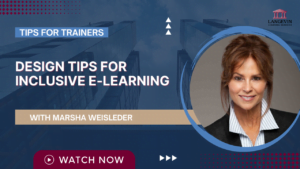 Design tips for inclusive e-learning webinar banner with Marsha Weisleder, featuring professional woman and Langevin Learning Services logo