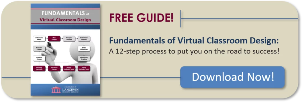 Banner ad promoting free guide "Fundamentals of Virtual Classroom Design" with download button, Langevin Learning Services