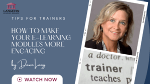 Tips for trainers banner featuring Dawn Lang with text on how to make e-learning modules more engaging, styled like film negative