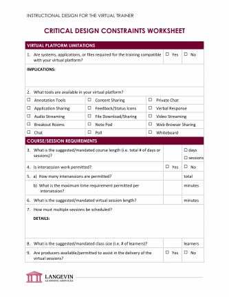 Critical Design Constraints Worksheet form for virtual training platform and session requirements