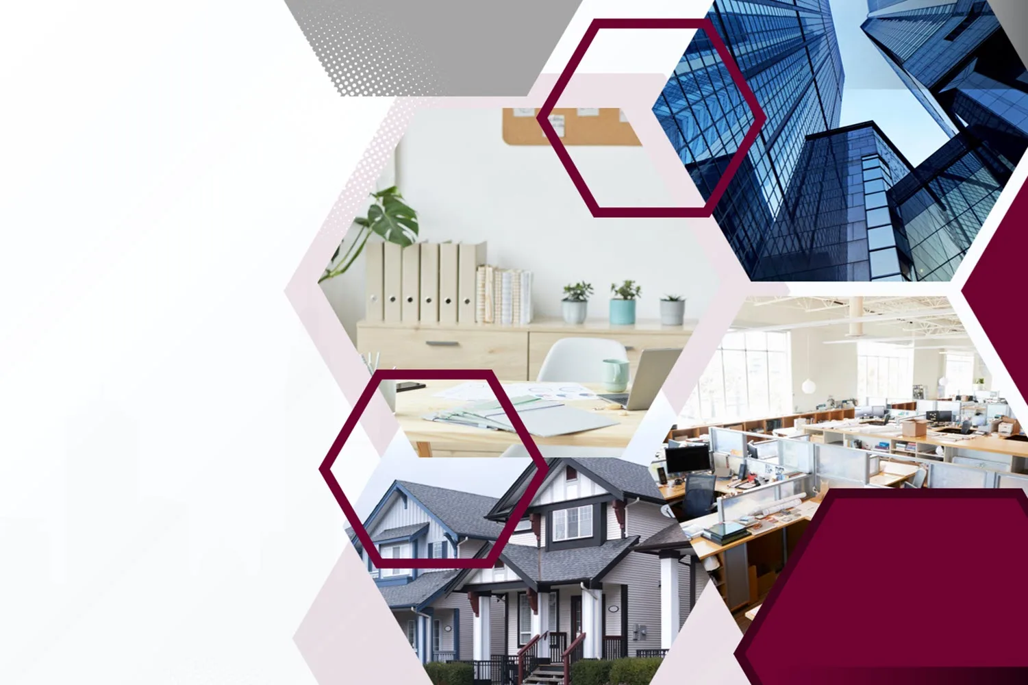 Collage showing modern office, residential house, and corporate buildings in hexagonal design