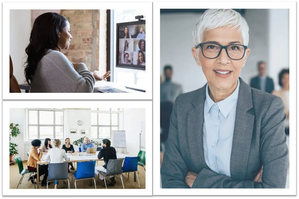 Collage with a woman participating in a virtual meeting on computer with diverse colleagues on screen and confident senior businesswoman with short white hair and glasses wearing a grey suit in office setting