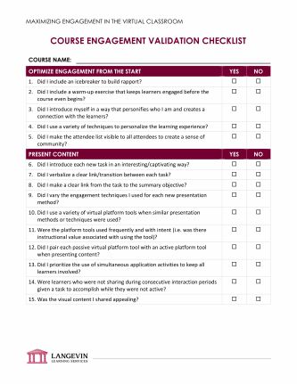 Course engagement validation checklist with questions for optimizing engagement and content in virtual classrooms by Langevin Learning Services