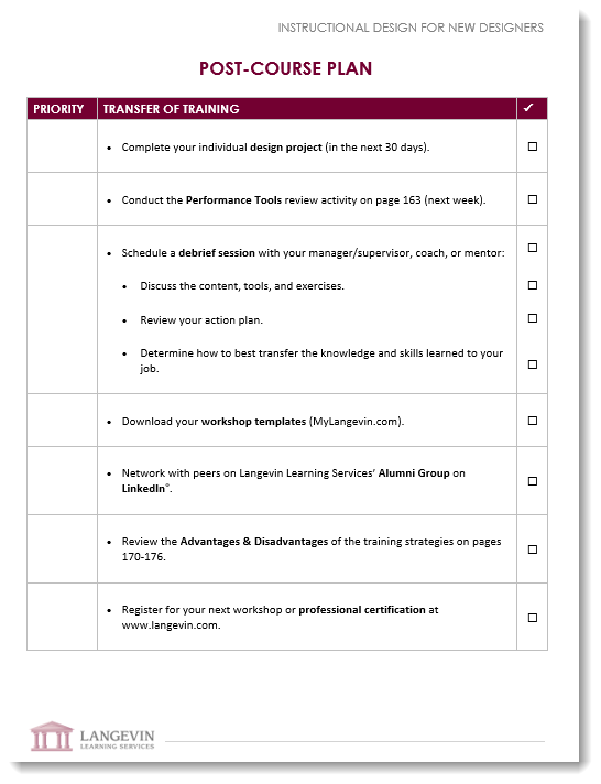 Post-course plan checklist page from an instructional design training manual by Langevin Learning Services