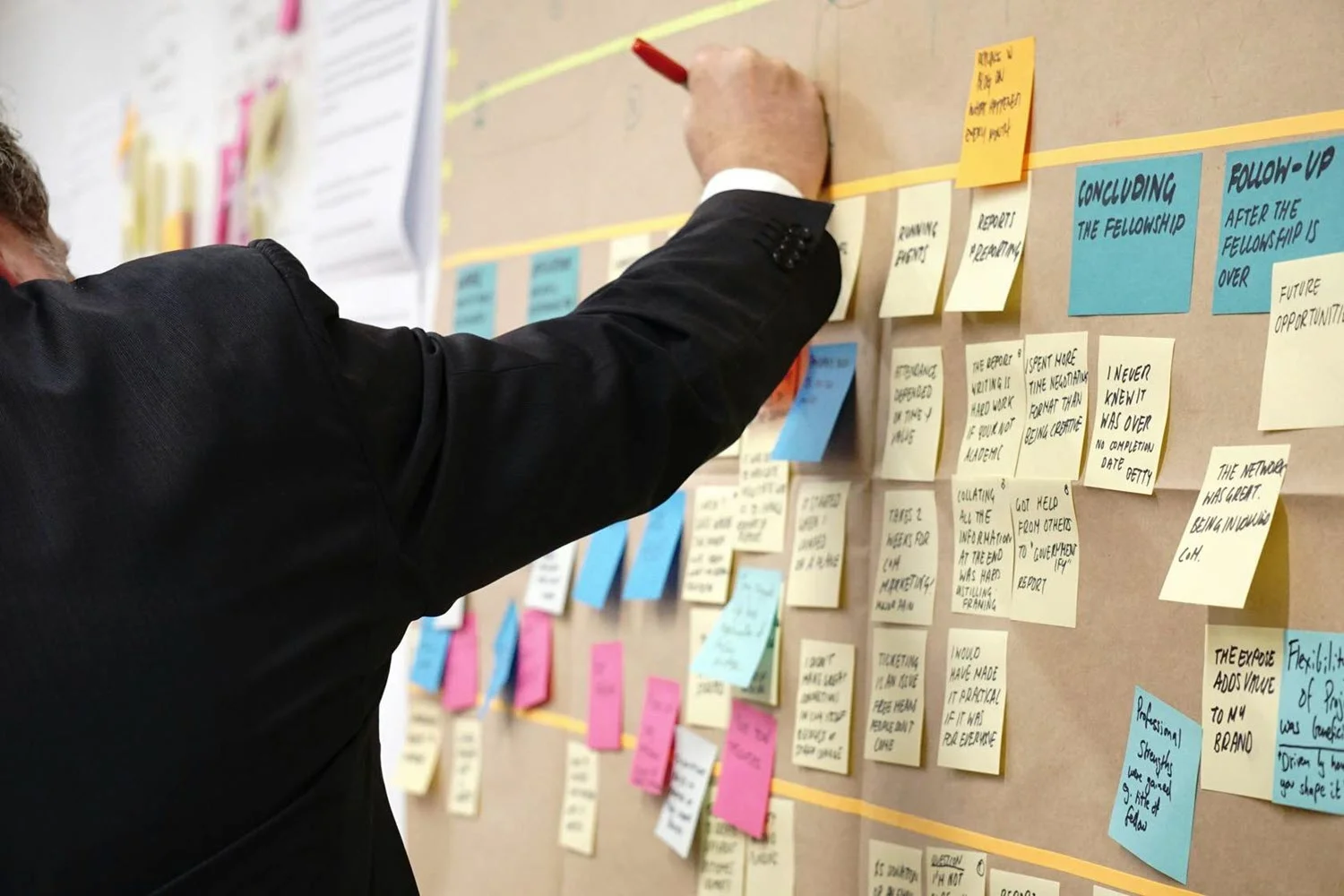 A man in a suit writes on a board covered with colorful sticky notes during a brainstorming session