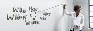 Woman writing on a whiteboard with question words who, how, what, when, where, and why during a business presentation
