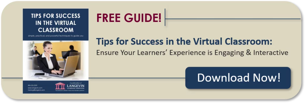 Guide cover for "Tips for Success in the Virtual Classroom" with a businesswoman on laptop, download button