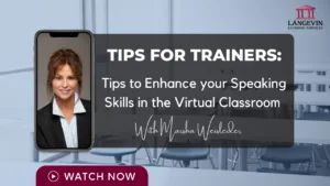 Woman trainer Marsha Weisleder promoting speaking skills tips for virtual classroom, professional portrait in phone frame