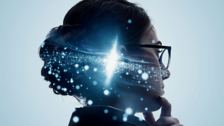 Young woman thinking deeply with digital futuristic light effects around her head, symbolizing innovation and ideas