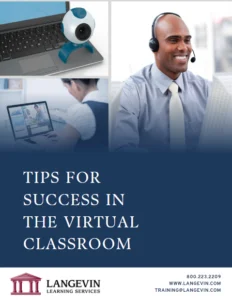 Collage of virtual classroom tools showing a webcam on laptop, happy customer support agent with headset, and person attending an online meeting