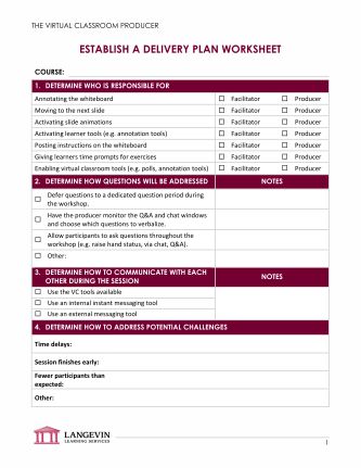 Worksheet titled 'Establish a Delivery Plan' with checklist for roles and communication in a virtual classroom setting