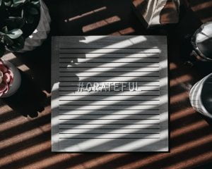 Lightbox letterboard with text "#GRATEFUL" casting shadows on wooden table with plants